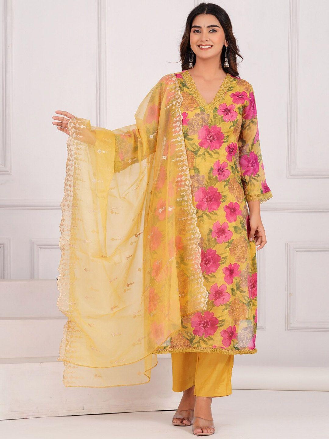 etnicawear women yellow floral printed regular thread work pure silk kurta with trousers & with dupatta