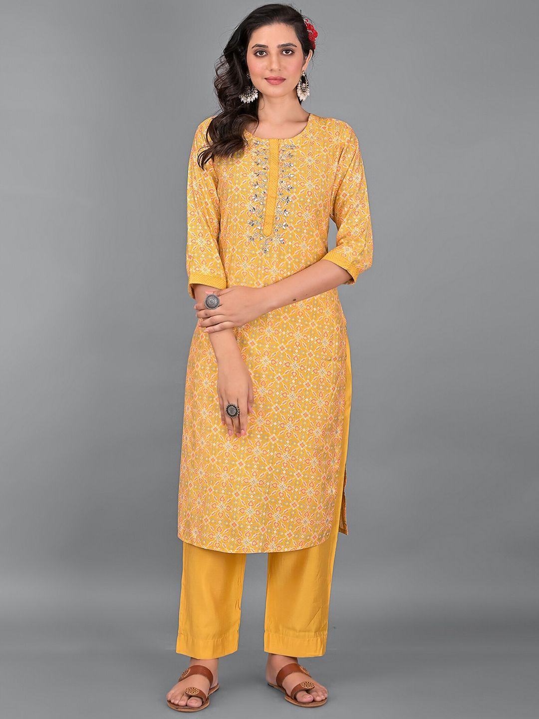 etnicawear women yellow printed gotta patti pure cotton kurta with trouser & dupatta set