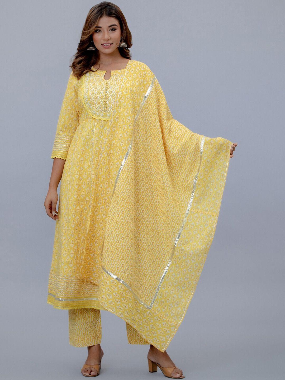 etnicawear women yellow printed gotta patti pure cotton kurta with trouser & dupatta set