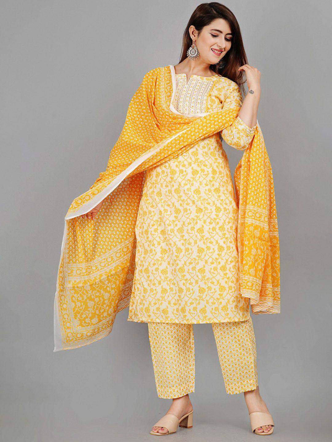 etnicawear women yellow printed pure cotton kurti with palazzos & with dupatta