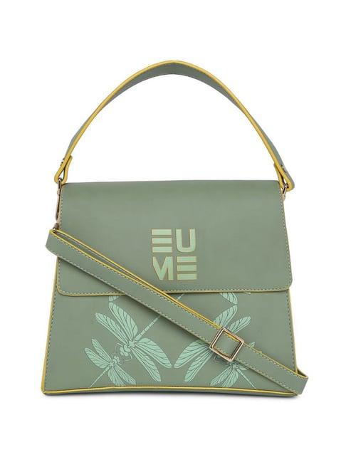 eume dragonfly basil green leather printed satchel handbag