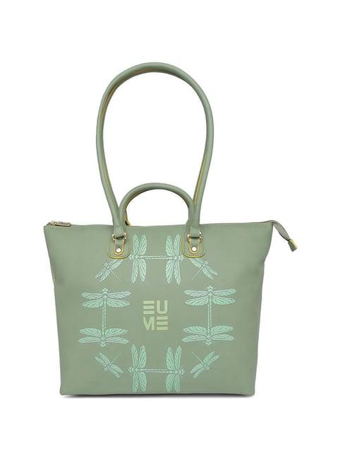eume dragonfly basil green leather printed tote handbag