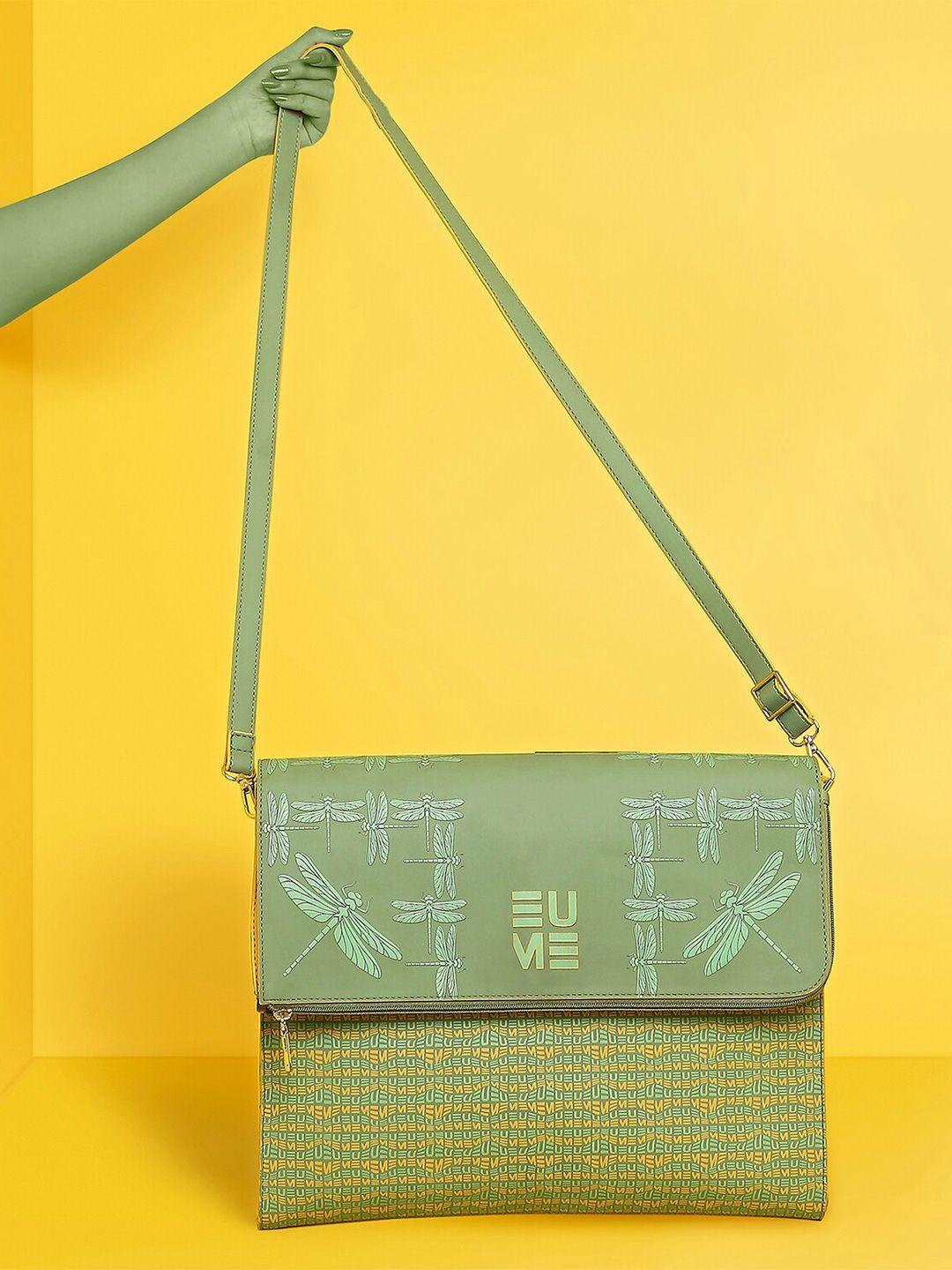 eume unisex green & yellow printed messenger bag