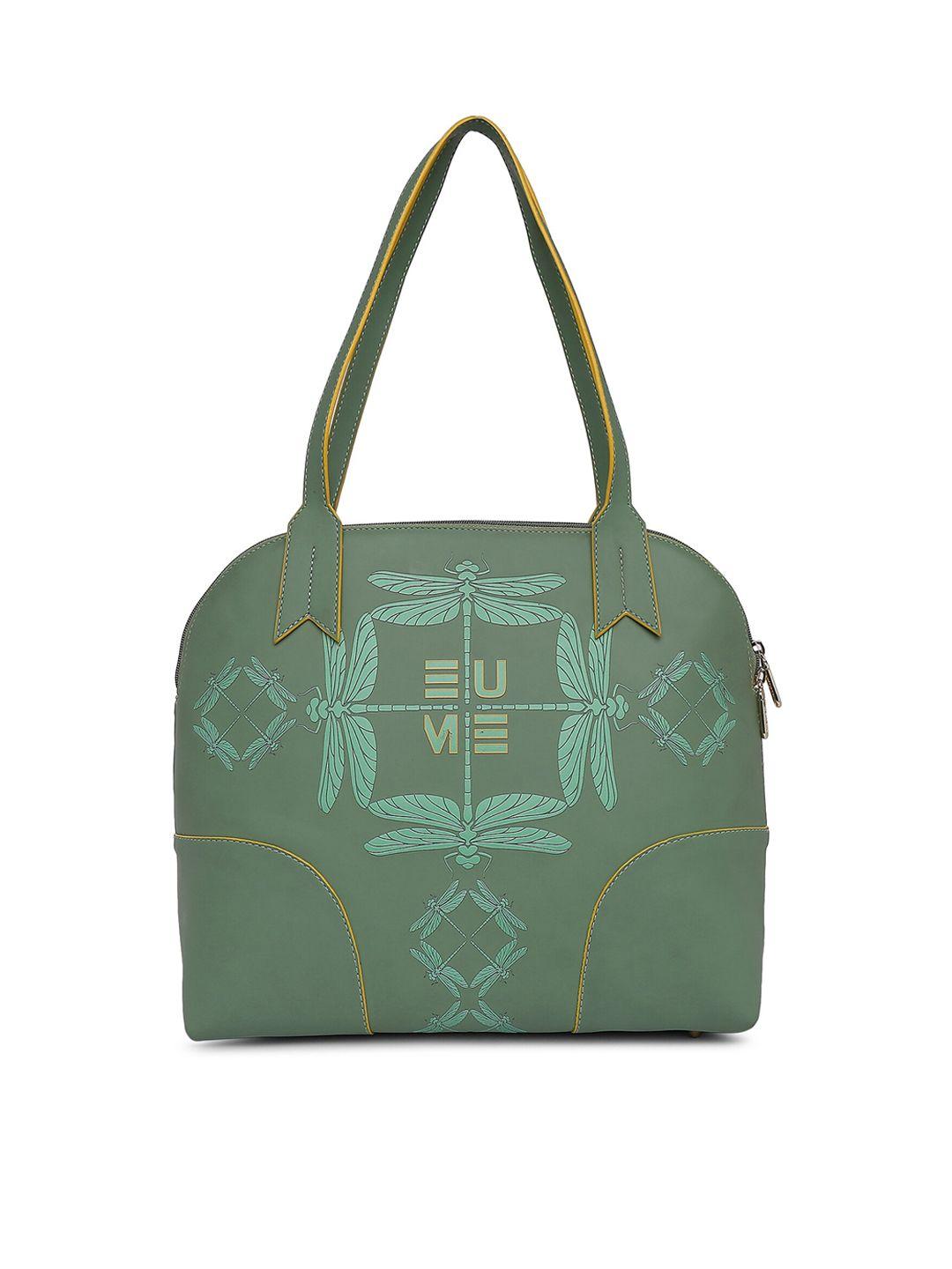 eume women green printed structured synthetic leather handbag