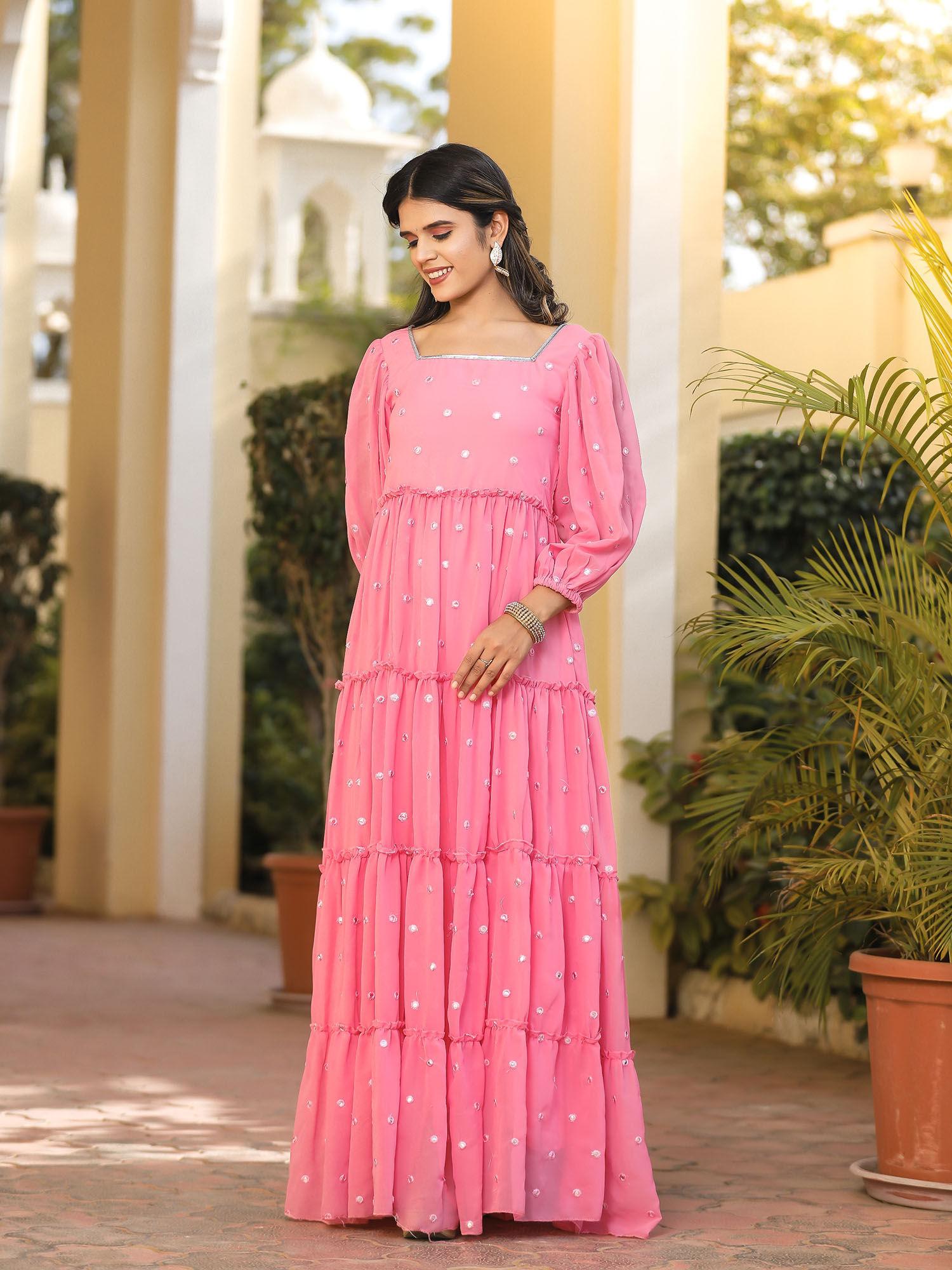 eva pink mirror work tiered maxi dress