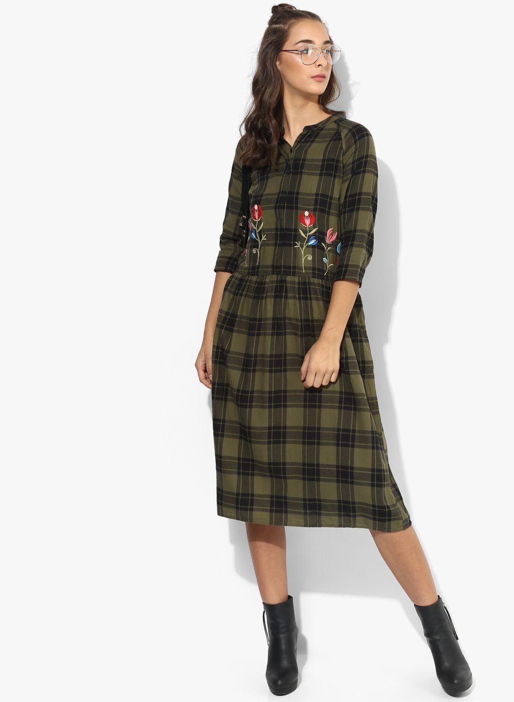 evah london olive & black checked embroidered a-line dress