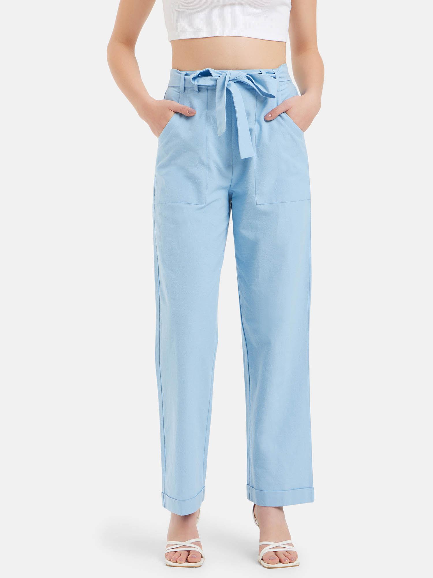 evana linen blend blue trouser with belt (set of 2)