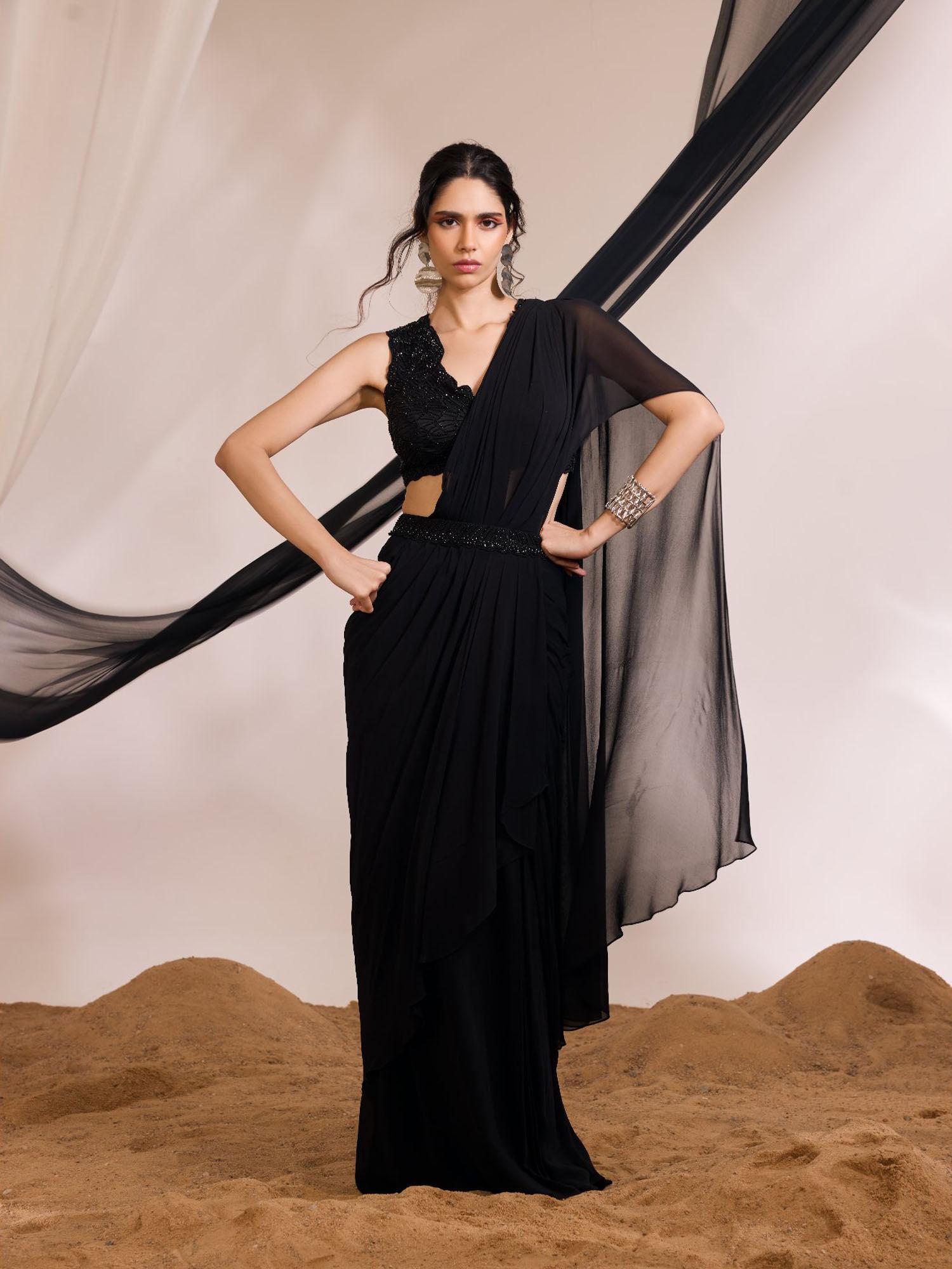 eve black pre-draped saree with stitched blouse