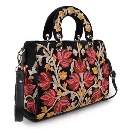 eveda synthetic leather gorgeous embroidery stylish design shoulder crossbody hobo women handbag, black