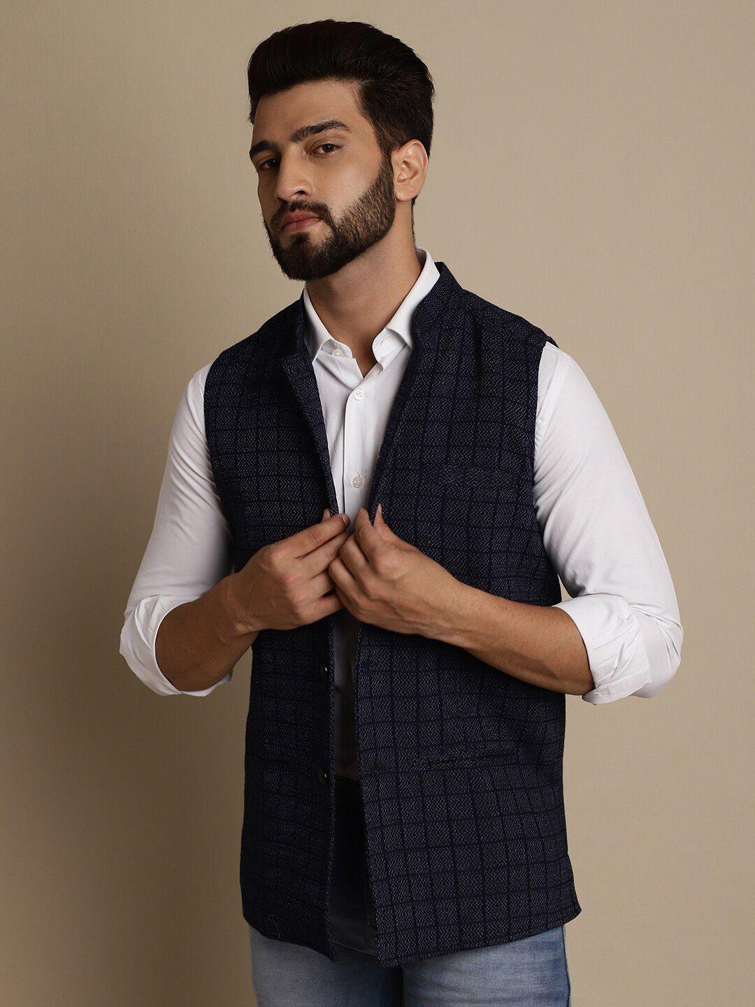 even checked woven pure cotton mandrian collar nehru jacket