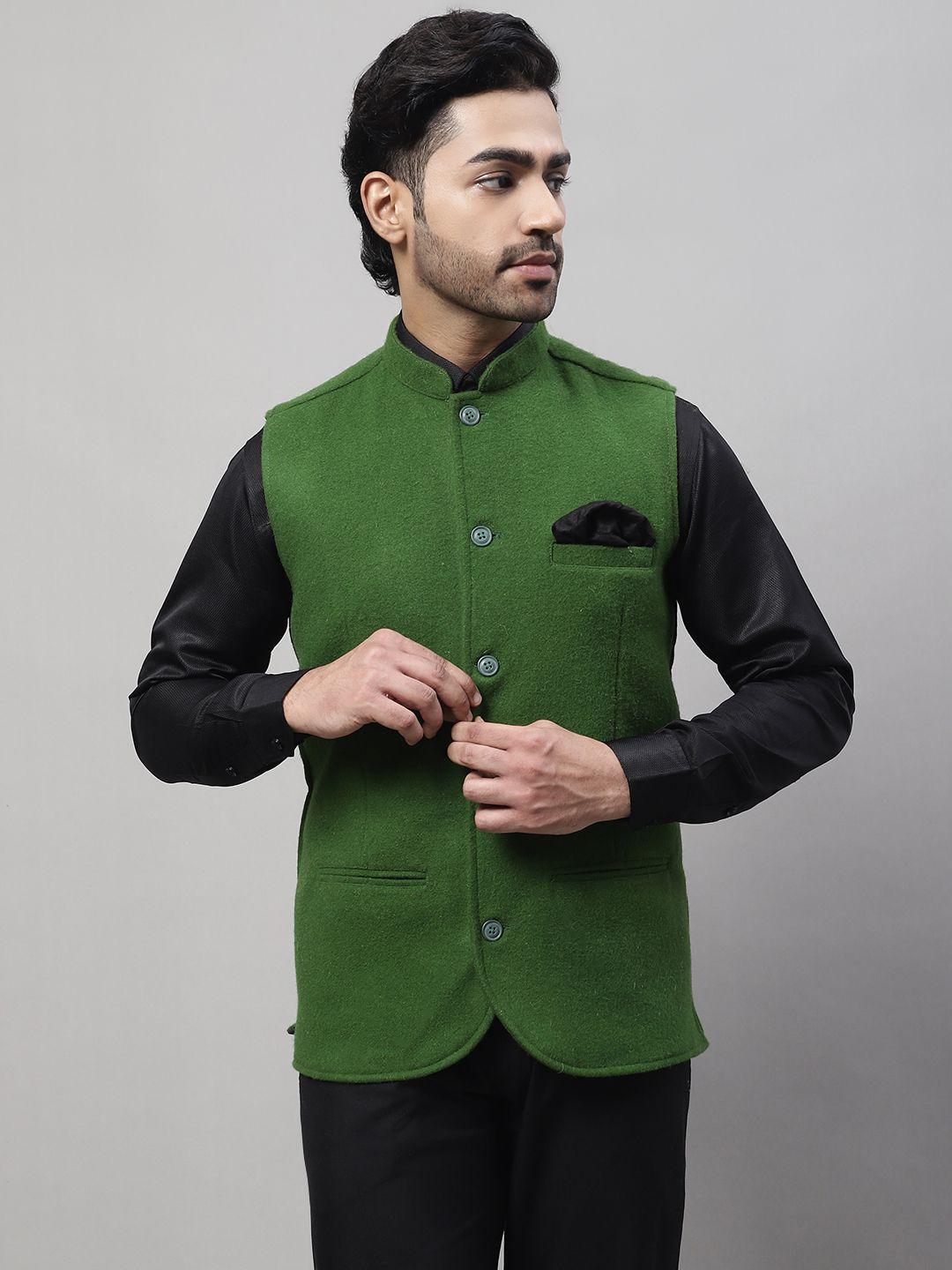 even mandarin collar sleeveless pure wool nehru jacket