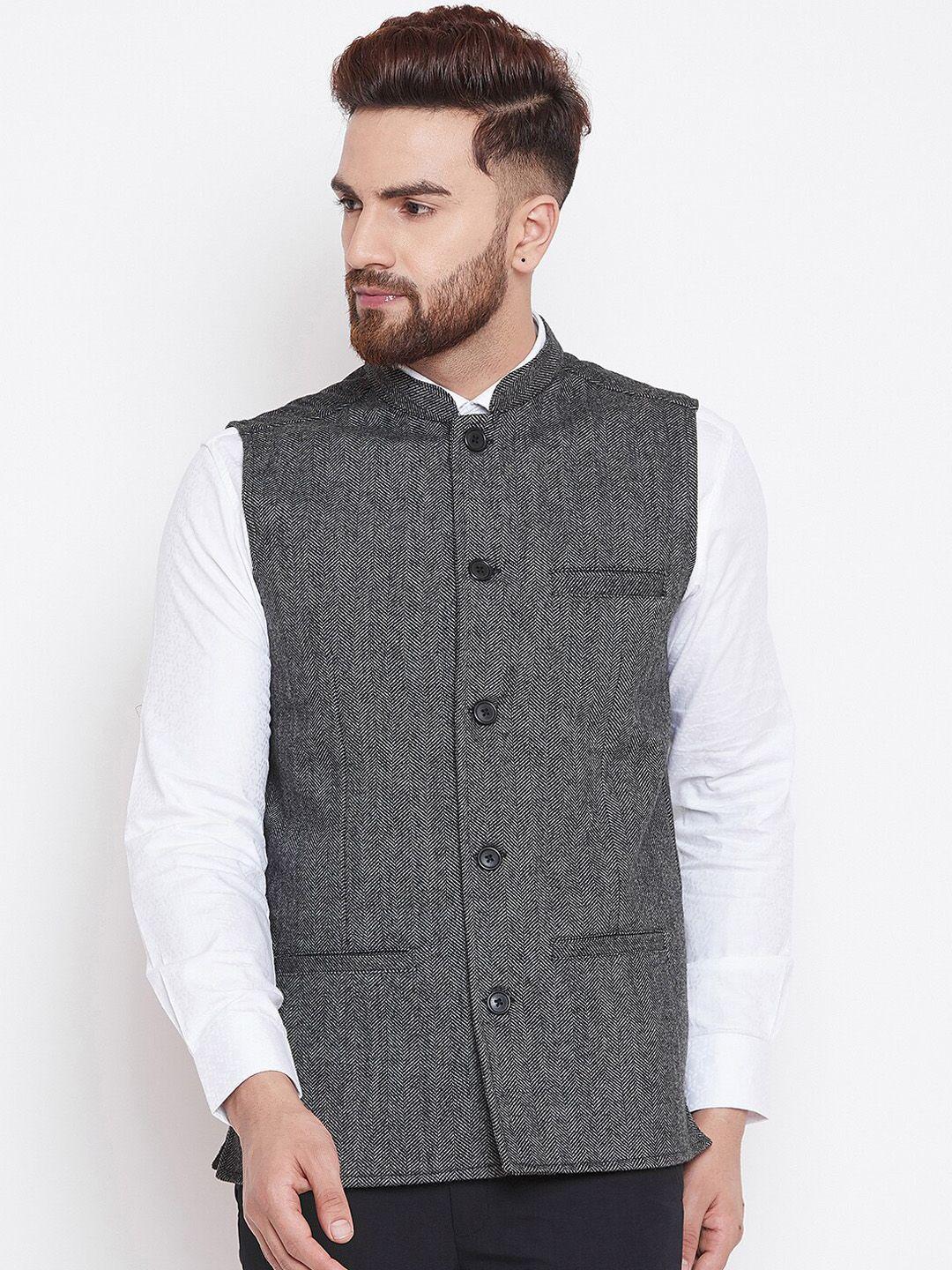 even men black solid pure wool sleeveless nehru jacket