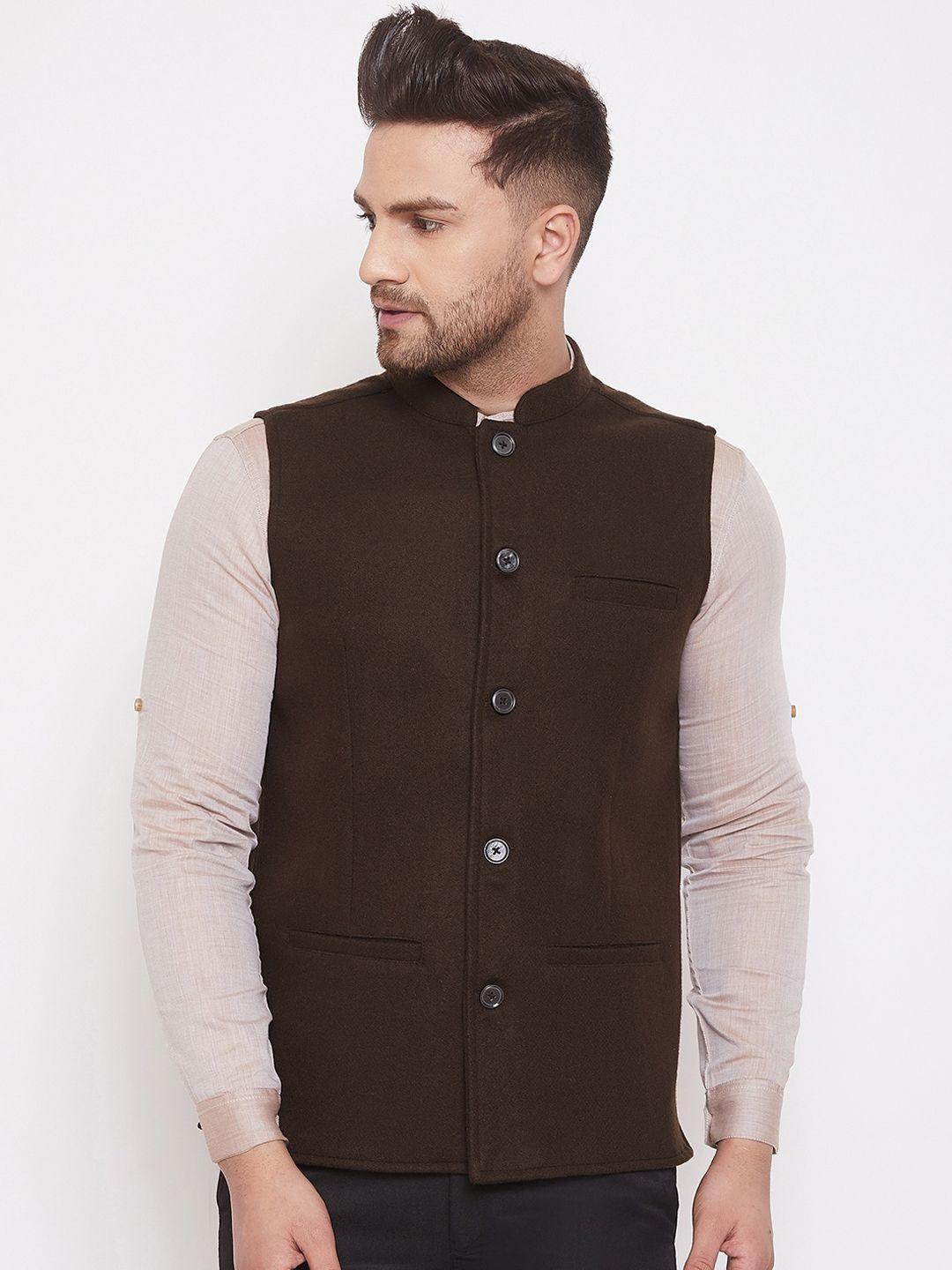 even men brown solid pure wool nehru jacket