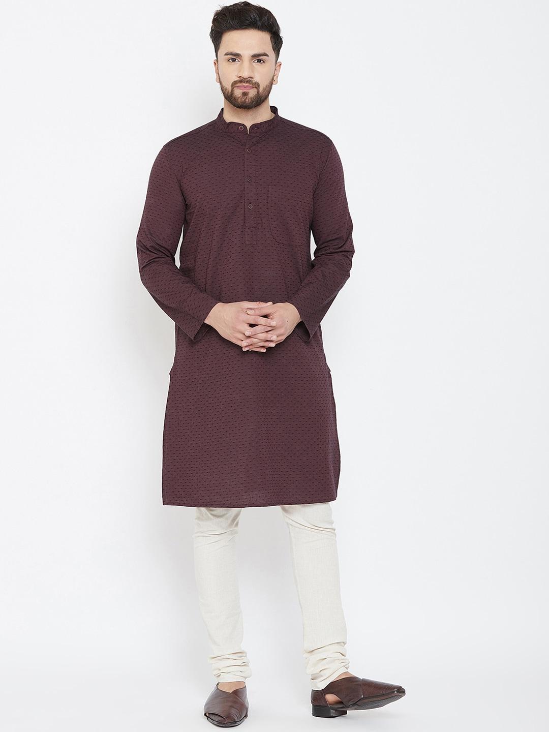 even men brown woven design straight kurta