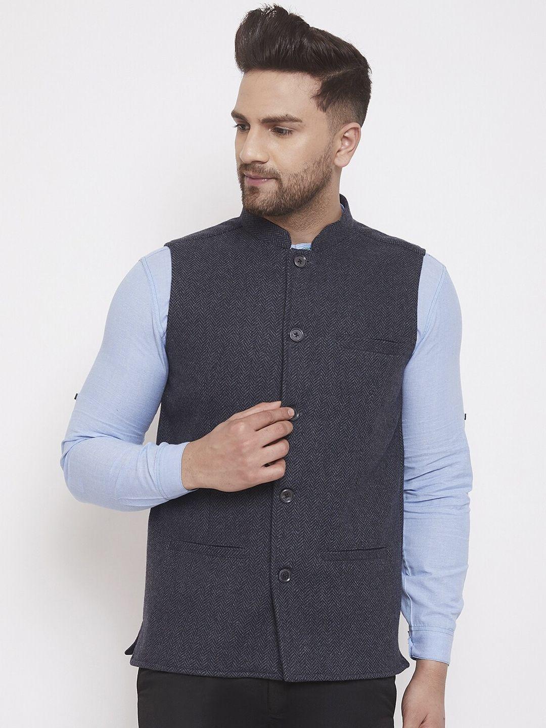 even-men-charcoal-grey-solid-pure-wool-woven-nehru-jacket