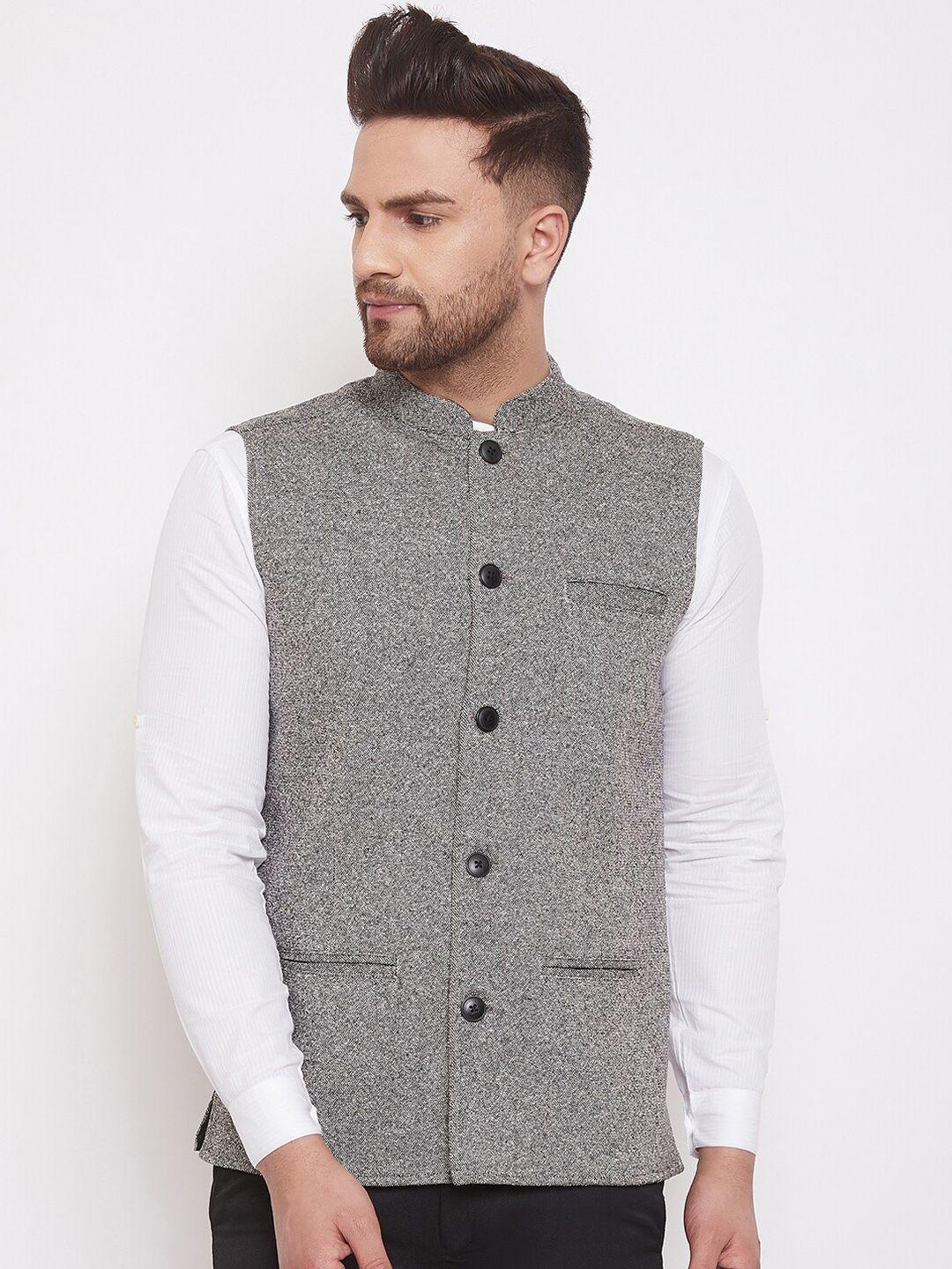 even men grey solid pure wool nehru jacket