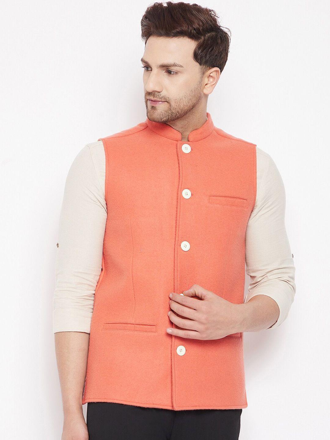 even men orange solid pure wool nehru jacket