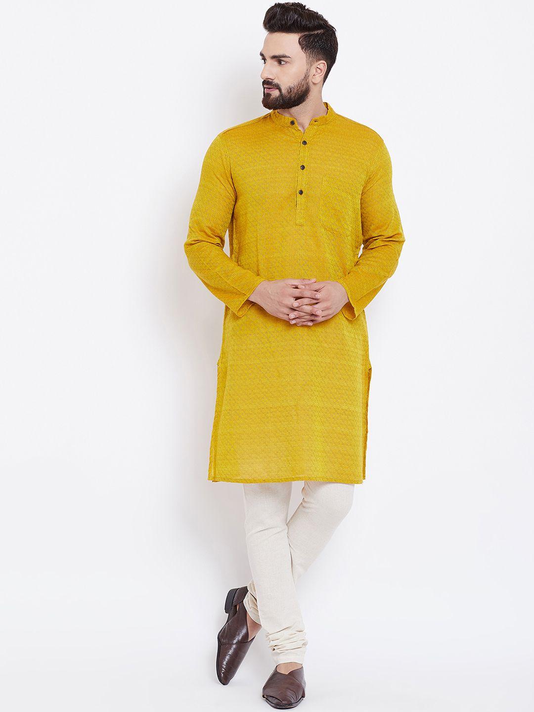 even men yellow woven design straight kurta