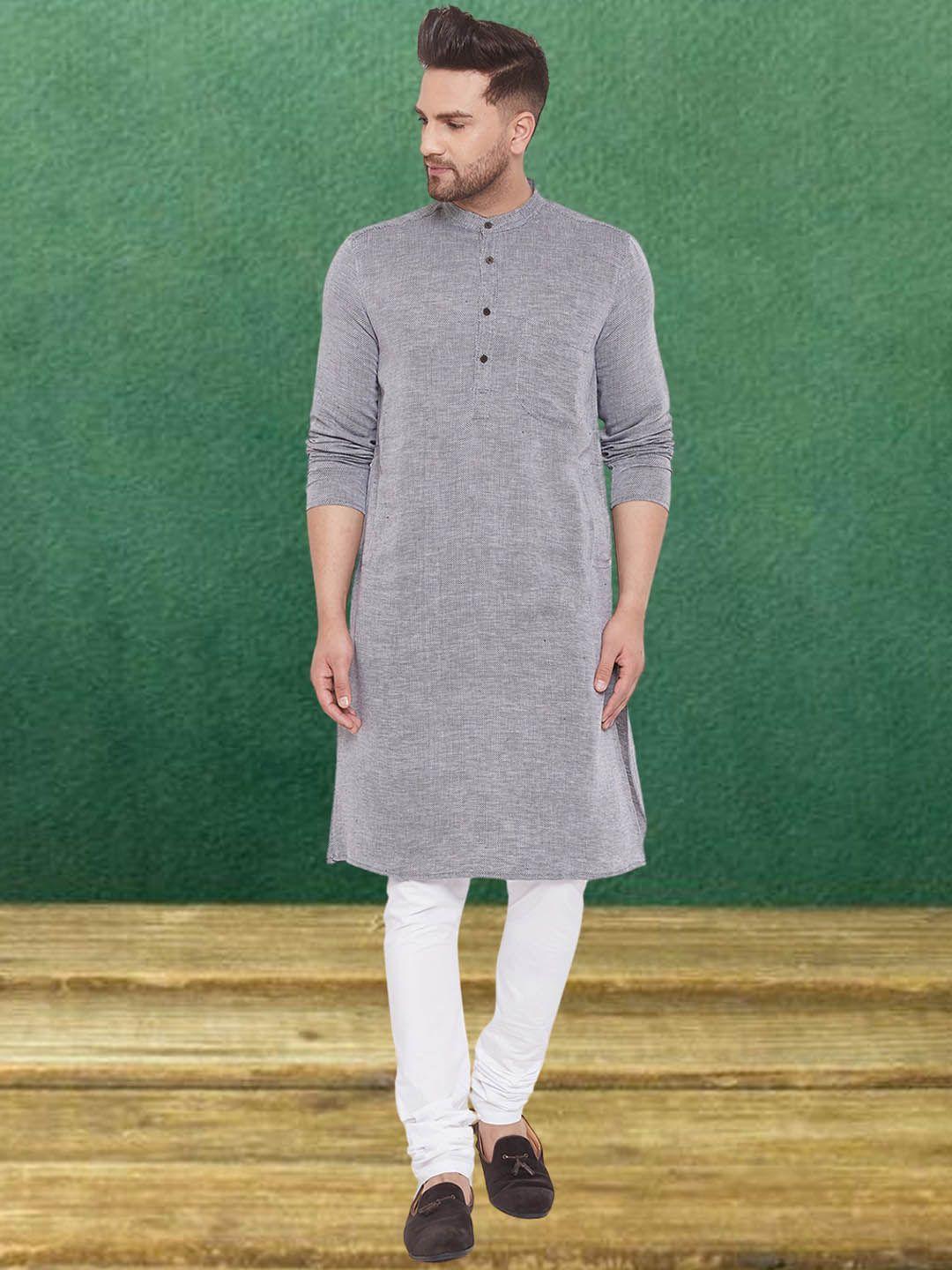 even ethnic motifs woven design band collar pure cotton straight kurta