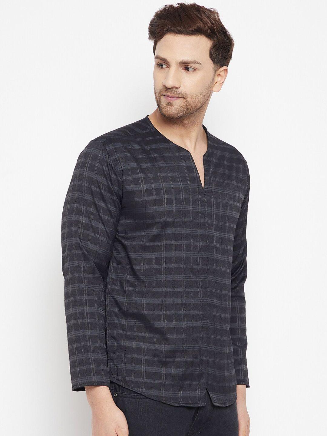 even men black checked short kurta