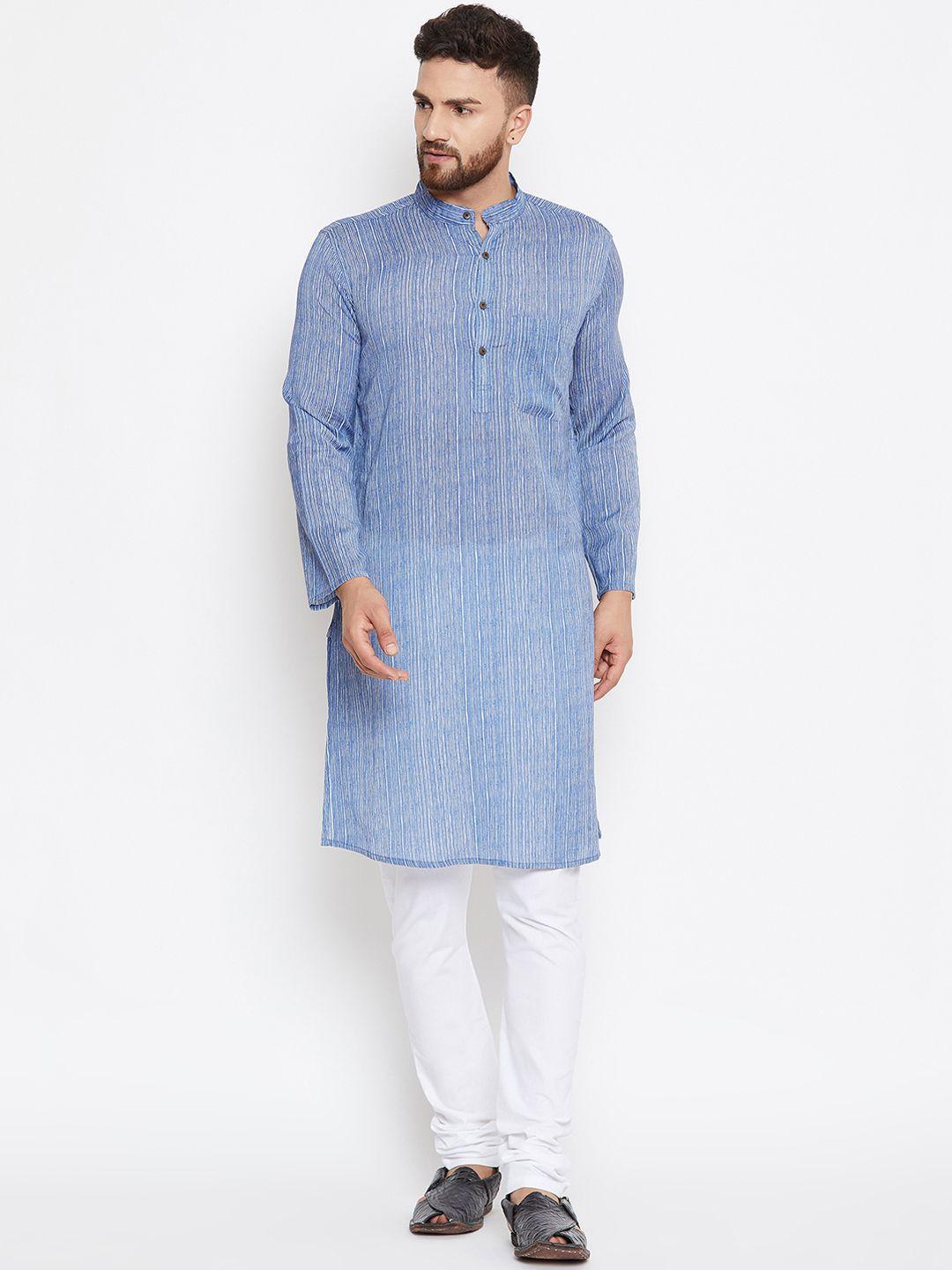 even men blue & white printed kurta with churidar
