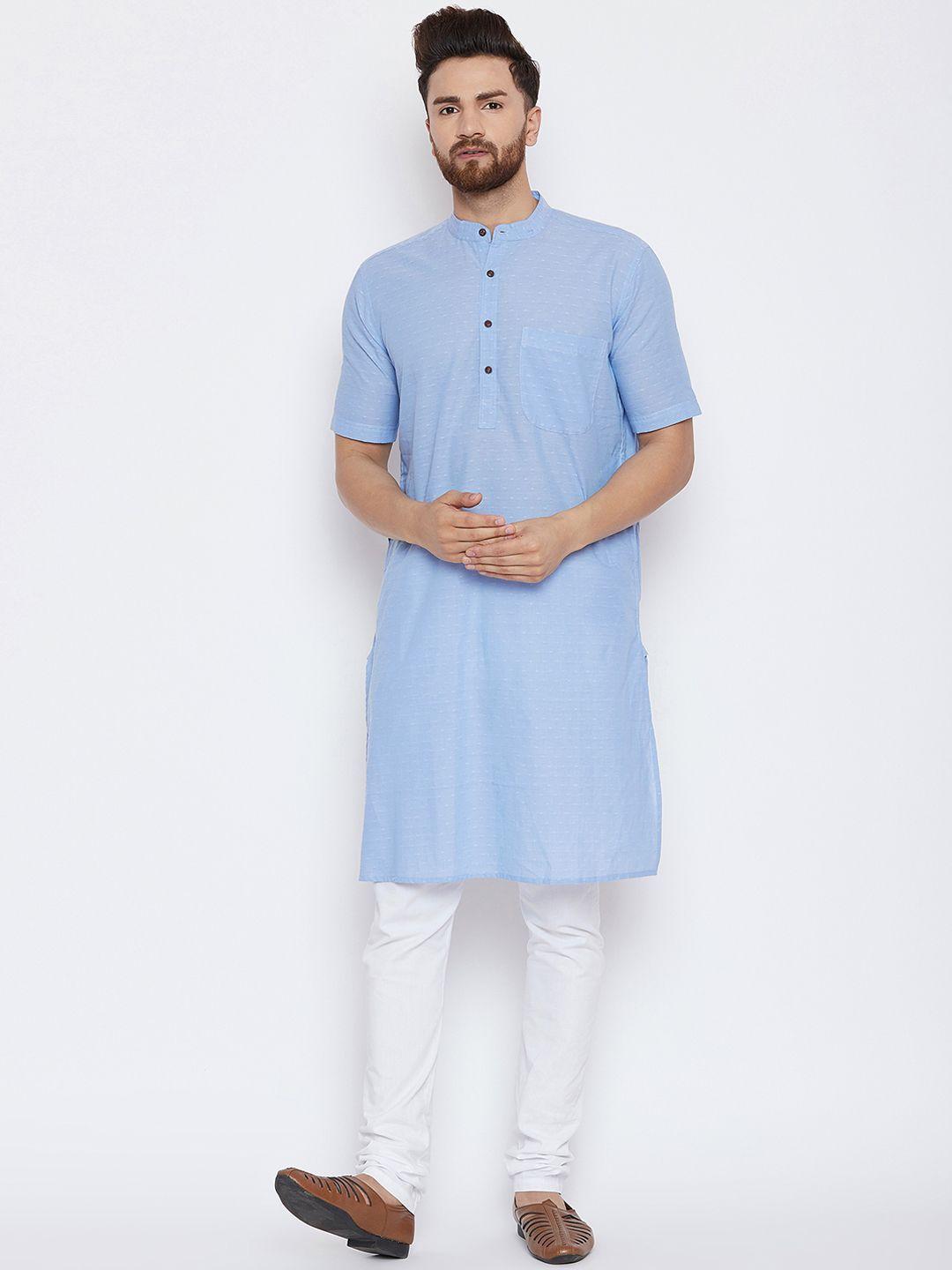 even men blue & white solid kurta with churidar