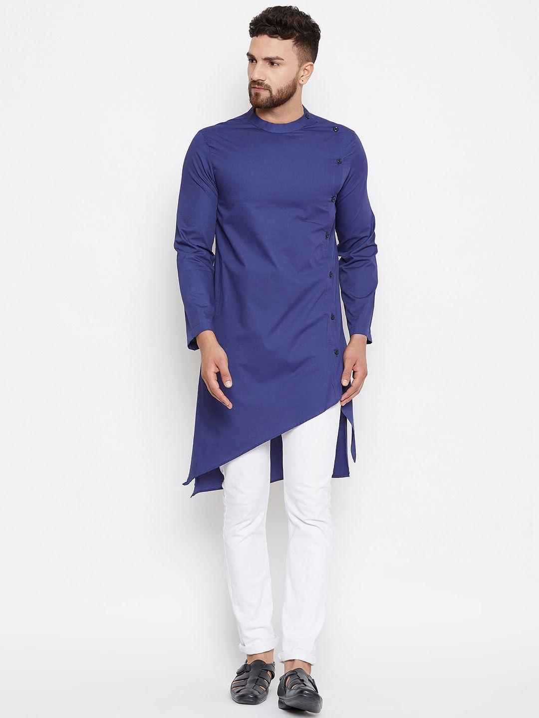 even men blue solid asymmetric straight kurta