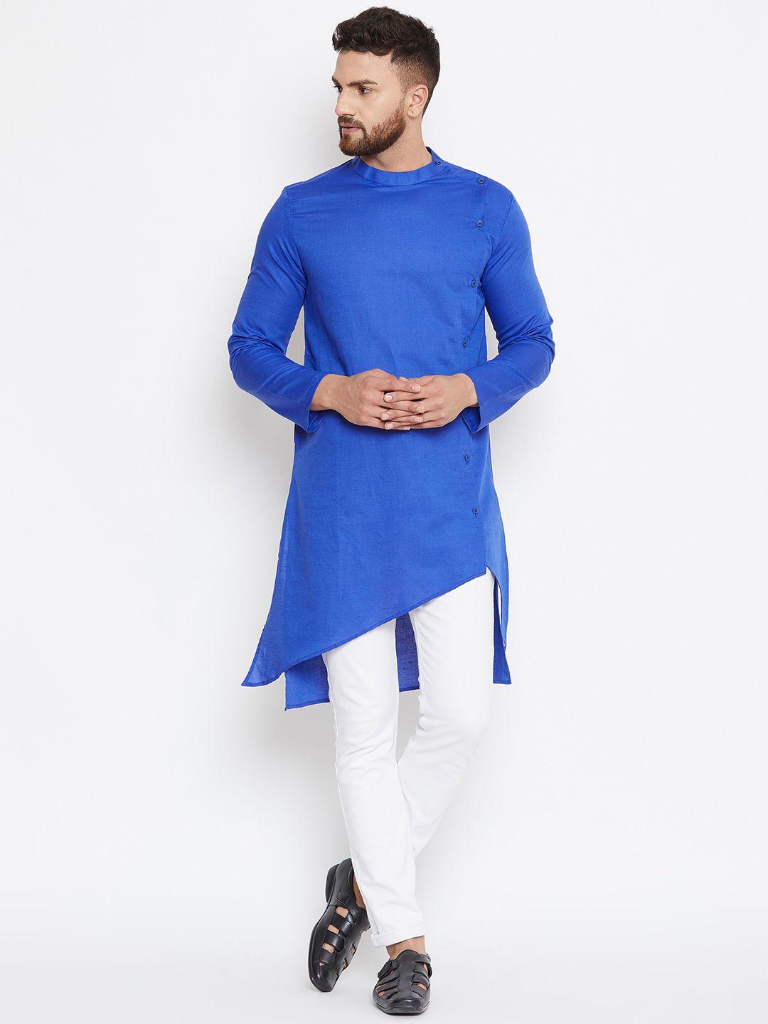 even men blue solid straight asymmetric kurta