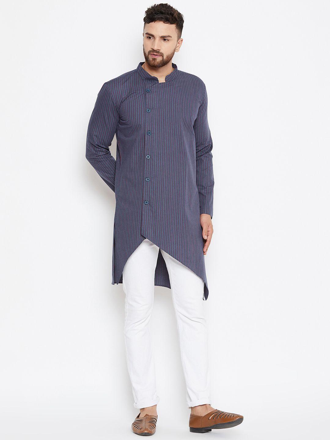 even men blue striped straight kurta