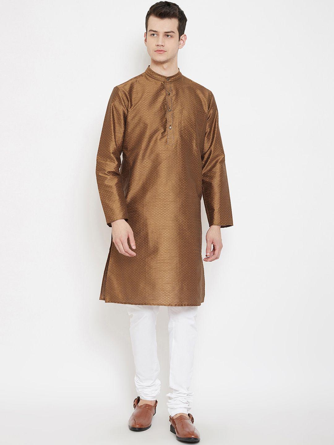 even men brown woven design straight kurta