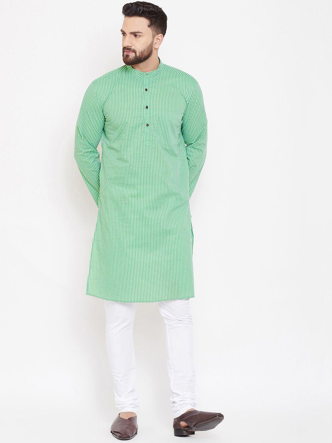 even men green & off-white striped straight kurta