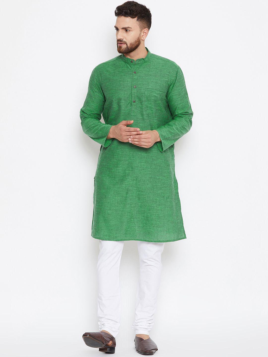 even men green & white solid kurta with churidar
