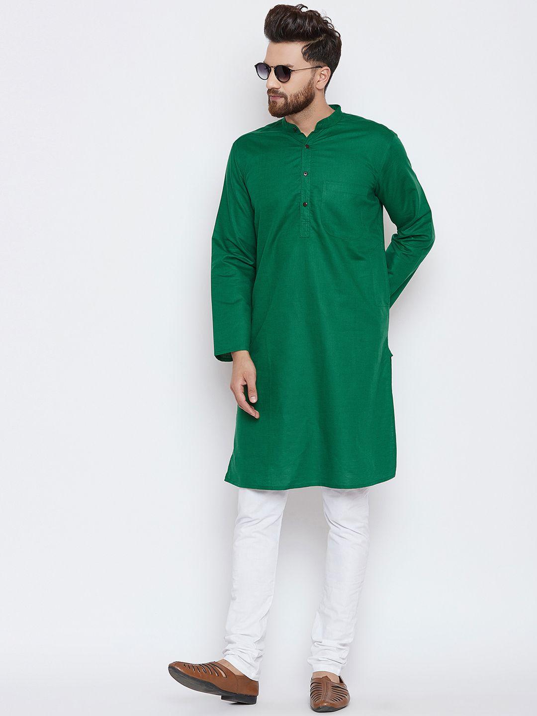 even men green & white solid kurta with pyjamas