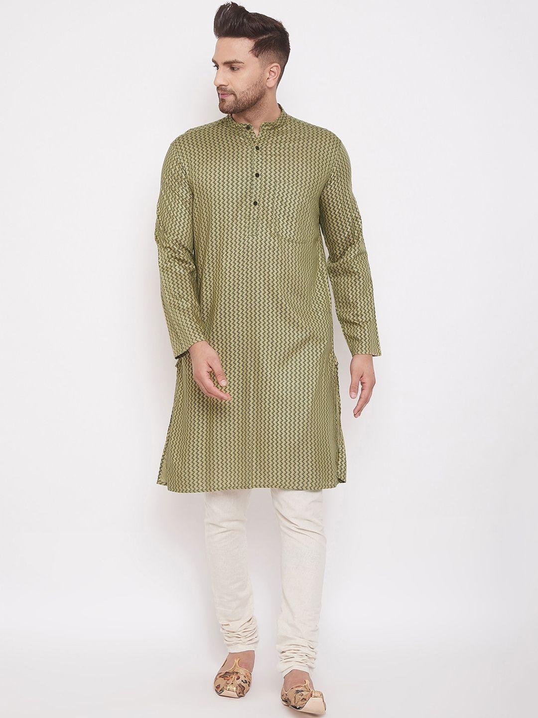 even men green striped straight kurta