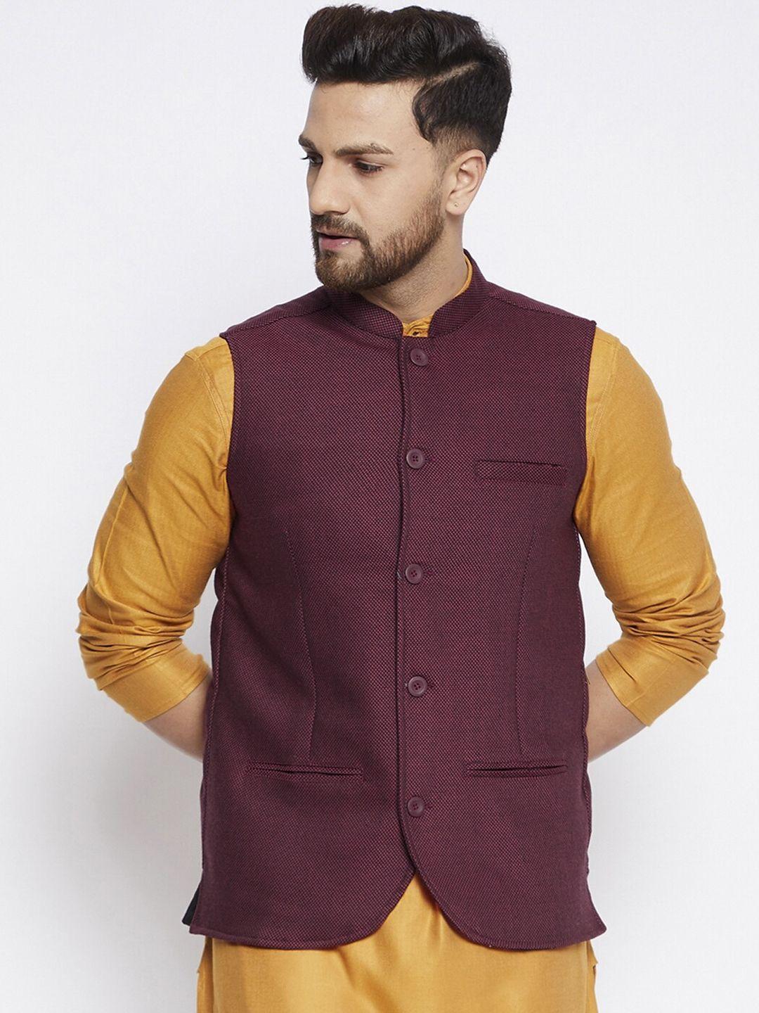 even men maroon woven design nehru jacket