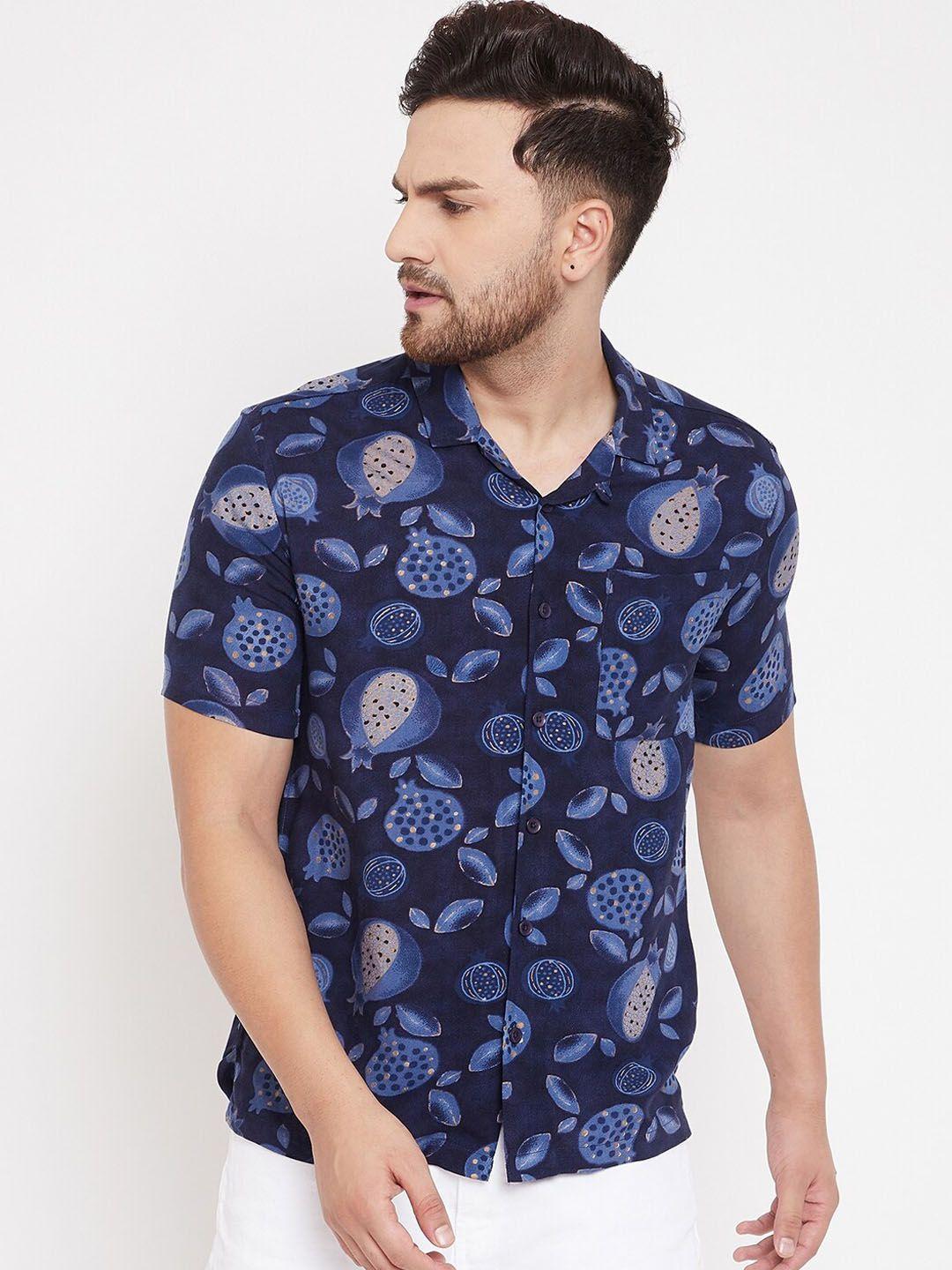 even men navy blue slim fit printed casual shirt
