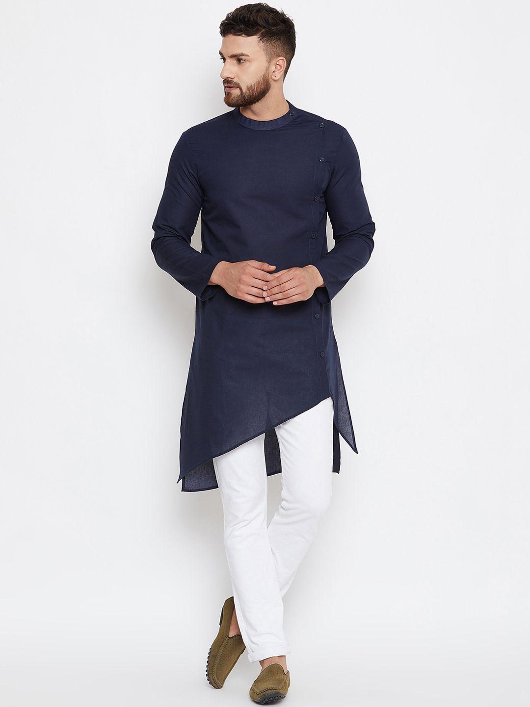 even men navy blue solid asymmetric straight kurta