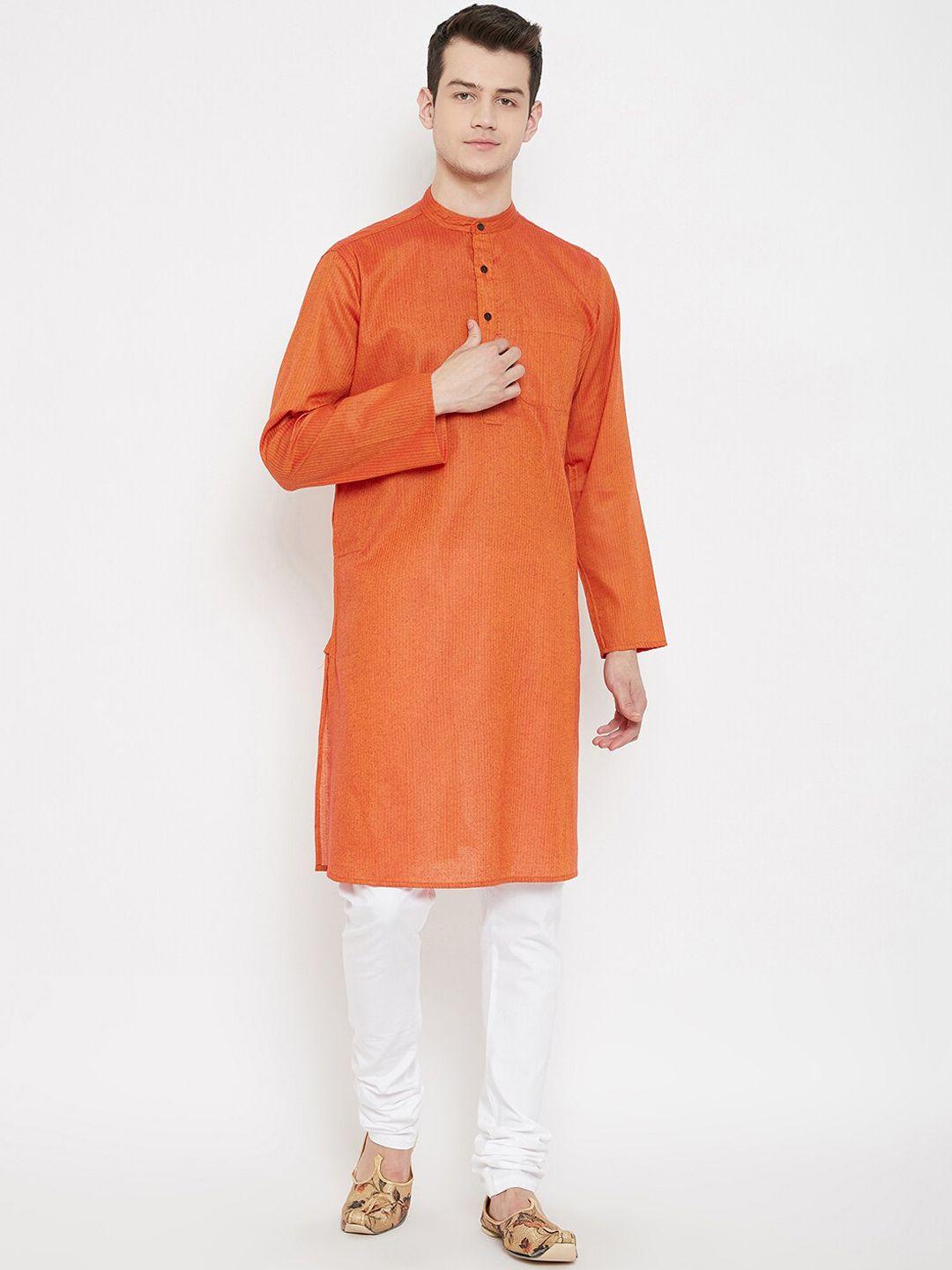 even men orange striped straight kurta