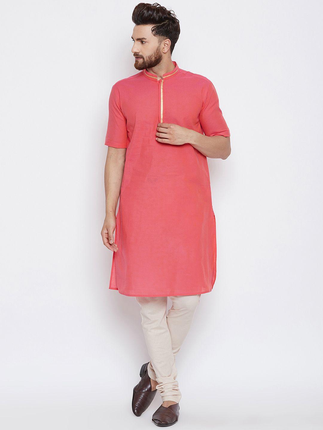 even men pink & cream-coloured solid kurta with churidar
