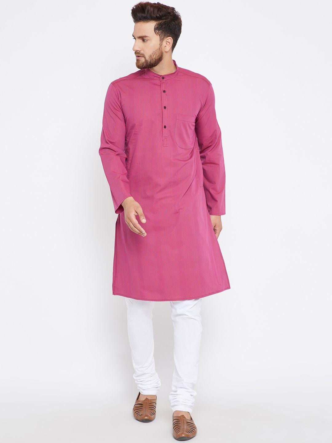 even men pink & white striped kurta with churidar