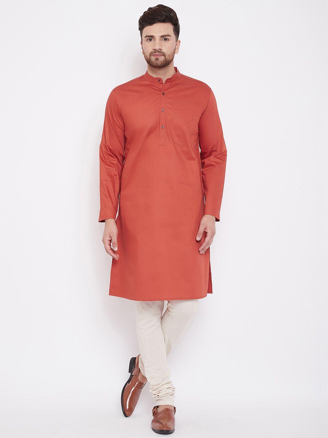 even men rust red solid straight kurta