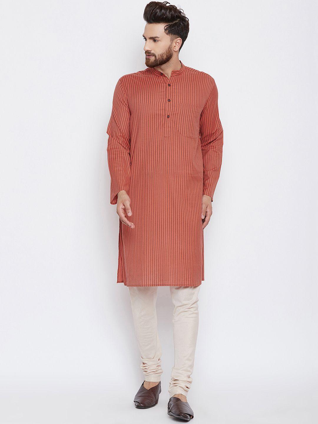 even men rust striped straight kurta