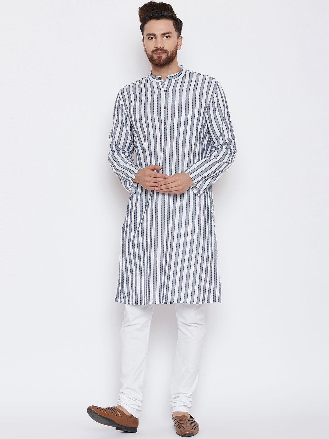 even men white & grey striped kurta with pyjamas