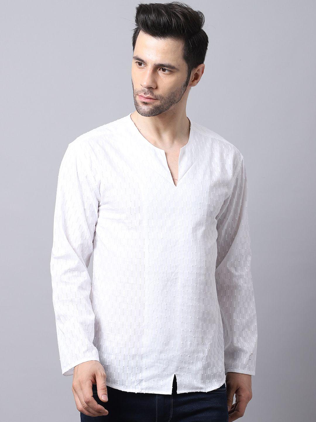 even men white geometric keyhole neck pure cotton kurta