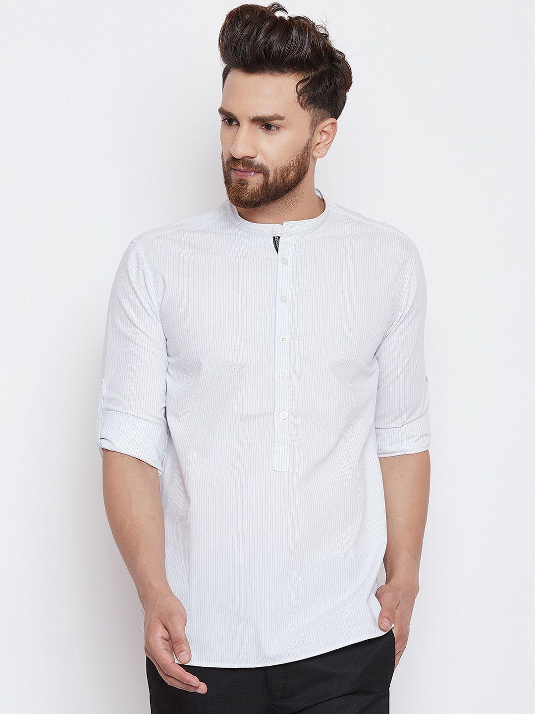 even men white self-striped straight kurta