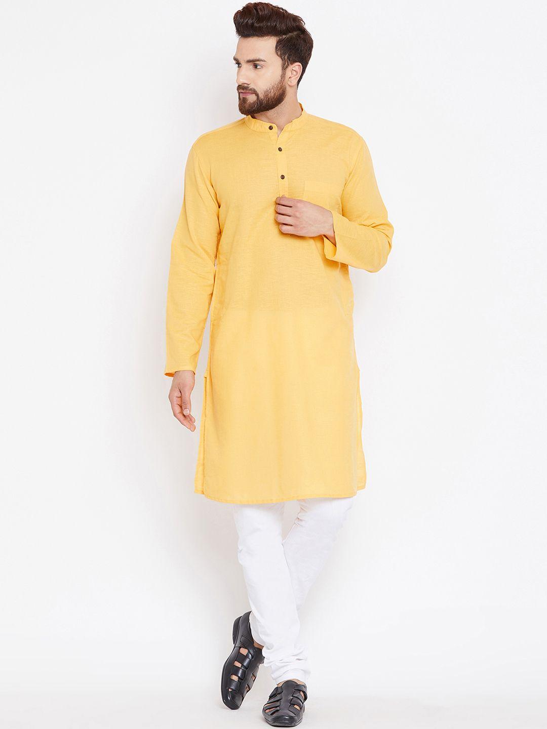 even men yellow & white solid kurta with pyjamas