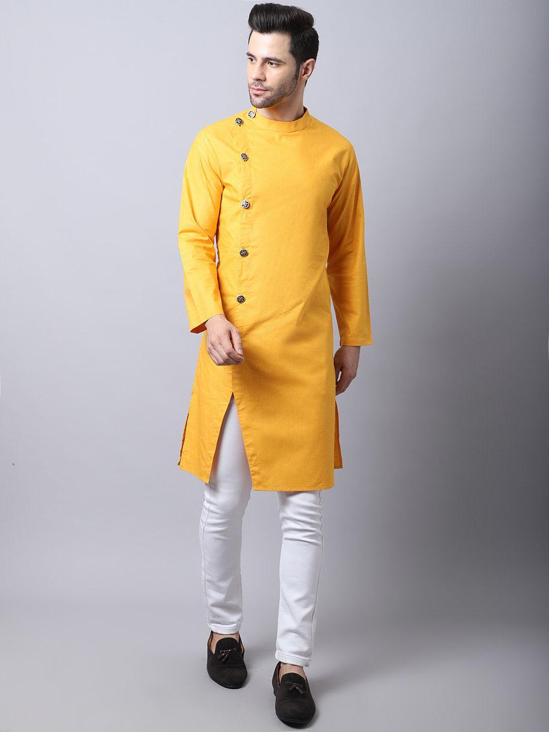 even men yellow pure cotton kurta