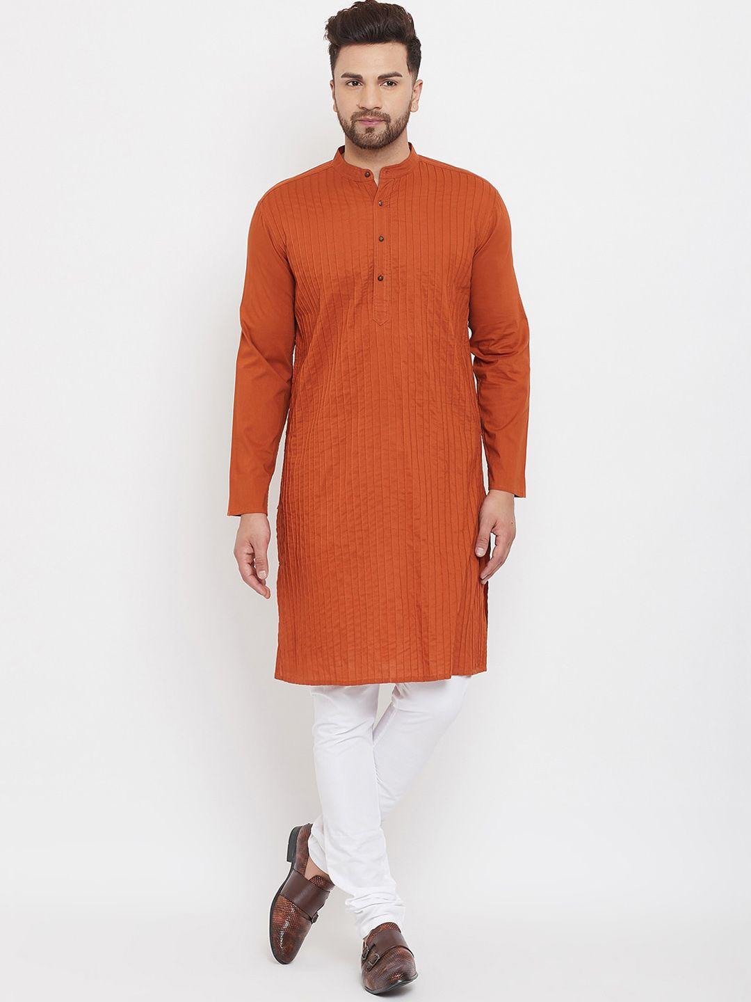 even striped band collar thread work straight cotton kurta