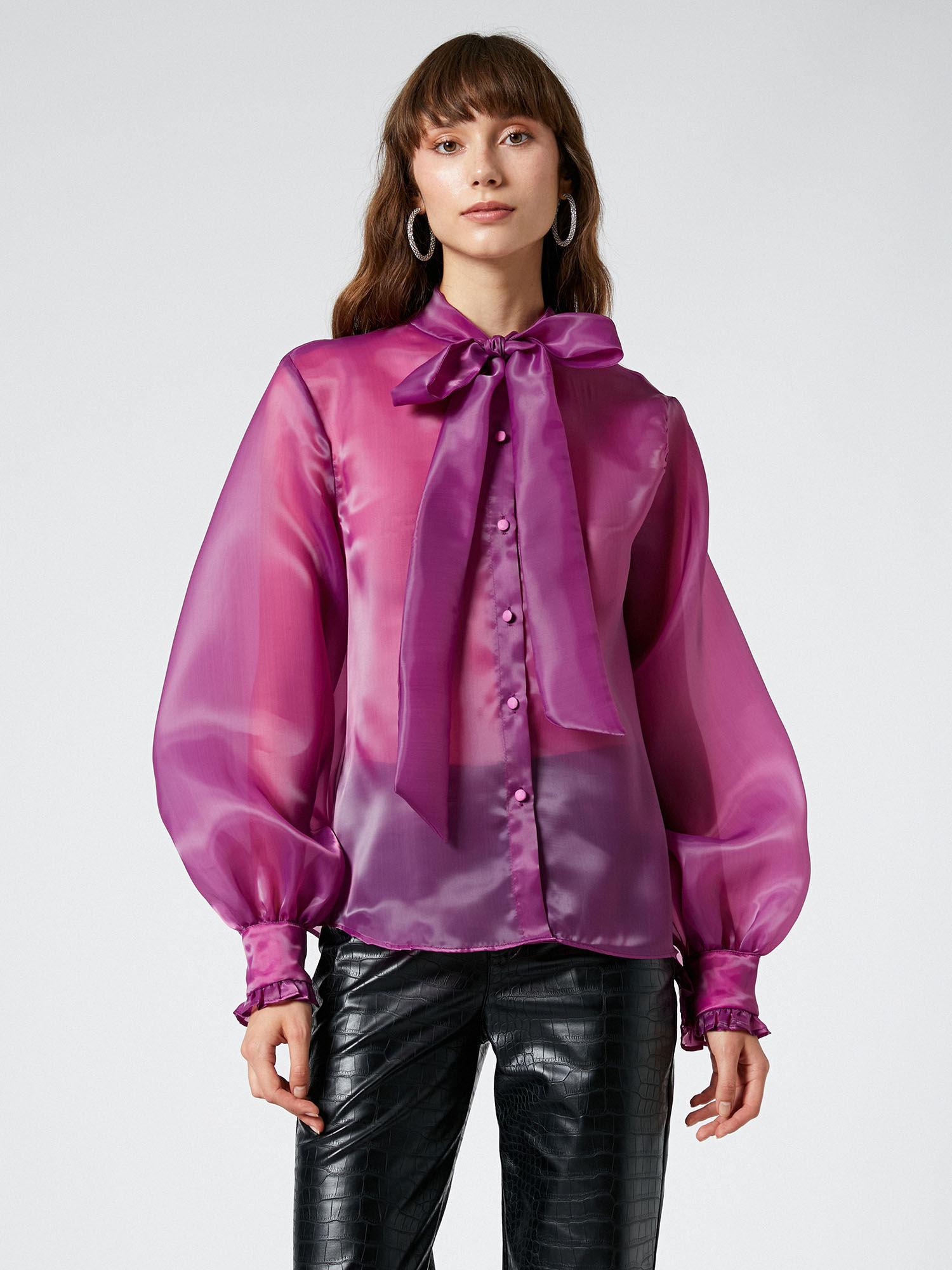 evening organza scarf collar buttoned balloon sleeves shirt