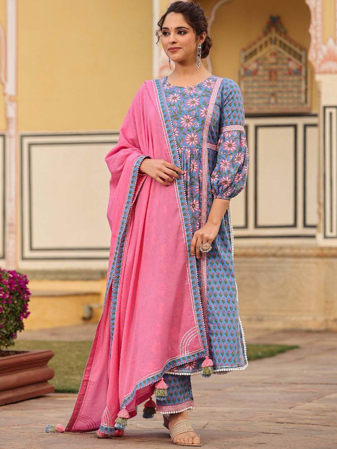 everbloom floral printed high slit a-line pure cotton kurta with trousers & dupatta